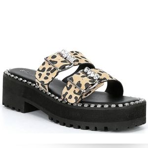 Gianni Bini Rawlins Animal Print Embellished Buckle Lug Bottom Sandals